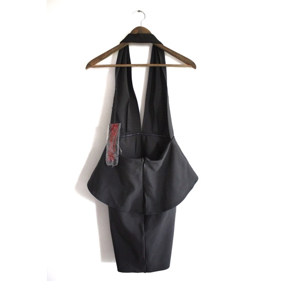 Wow Couture NWT Black Halter Deep Plunge Ruffled Skirt Peplum Span Dress Medium - Picture 3 of 4